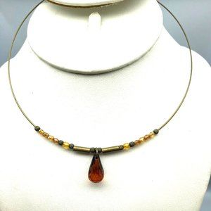 Topaz Crystal Teardrop Brass Necklace, Memory Wire Choker, Faceted Beaded Bib